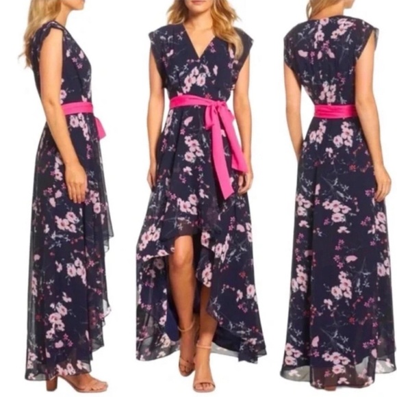 Eliza J NWT Navy and Pink Floral High-Low Maxi Dress with pink sash size 6 - Picture 2 of 14